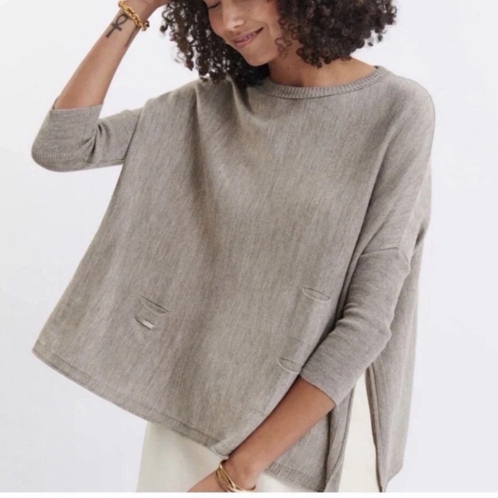 MerSea Catalina Traveler Oversized Knit Sweater Taupe OSFM Boxy Crew Neck Slits